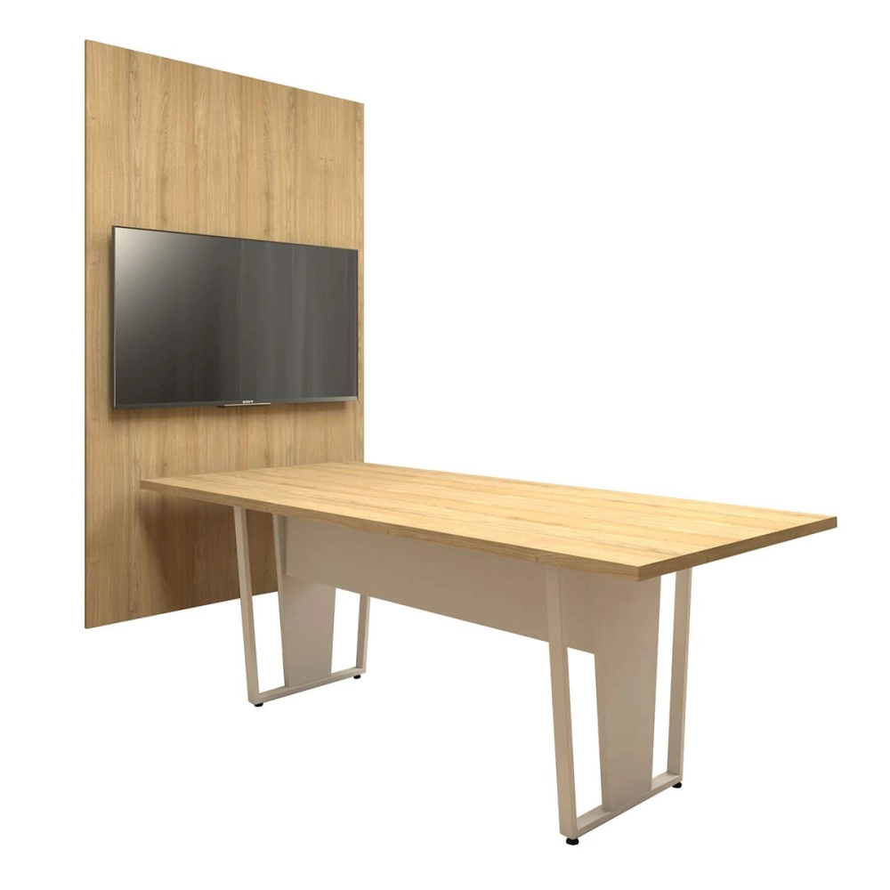 Conjunto Escritório Mesa 2,00m Pé Metal Painel p/ TV MB F5 Cor:Macadâmia com Branco