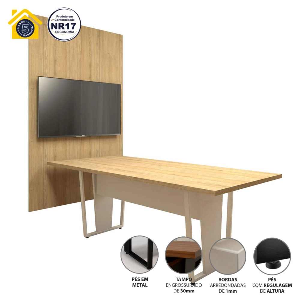 Conjunto Escritório Mesa 2,00m Pé Metal Painel p/ TV MB F5 Cor:Macadâmia com Branco