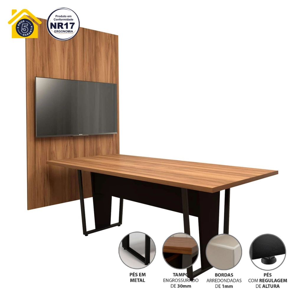 Conjunto Escritório Mesa 2,00m Pé Metal Painel p/ TV NG F5 Cor:Nogal com Preto