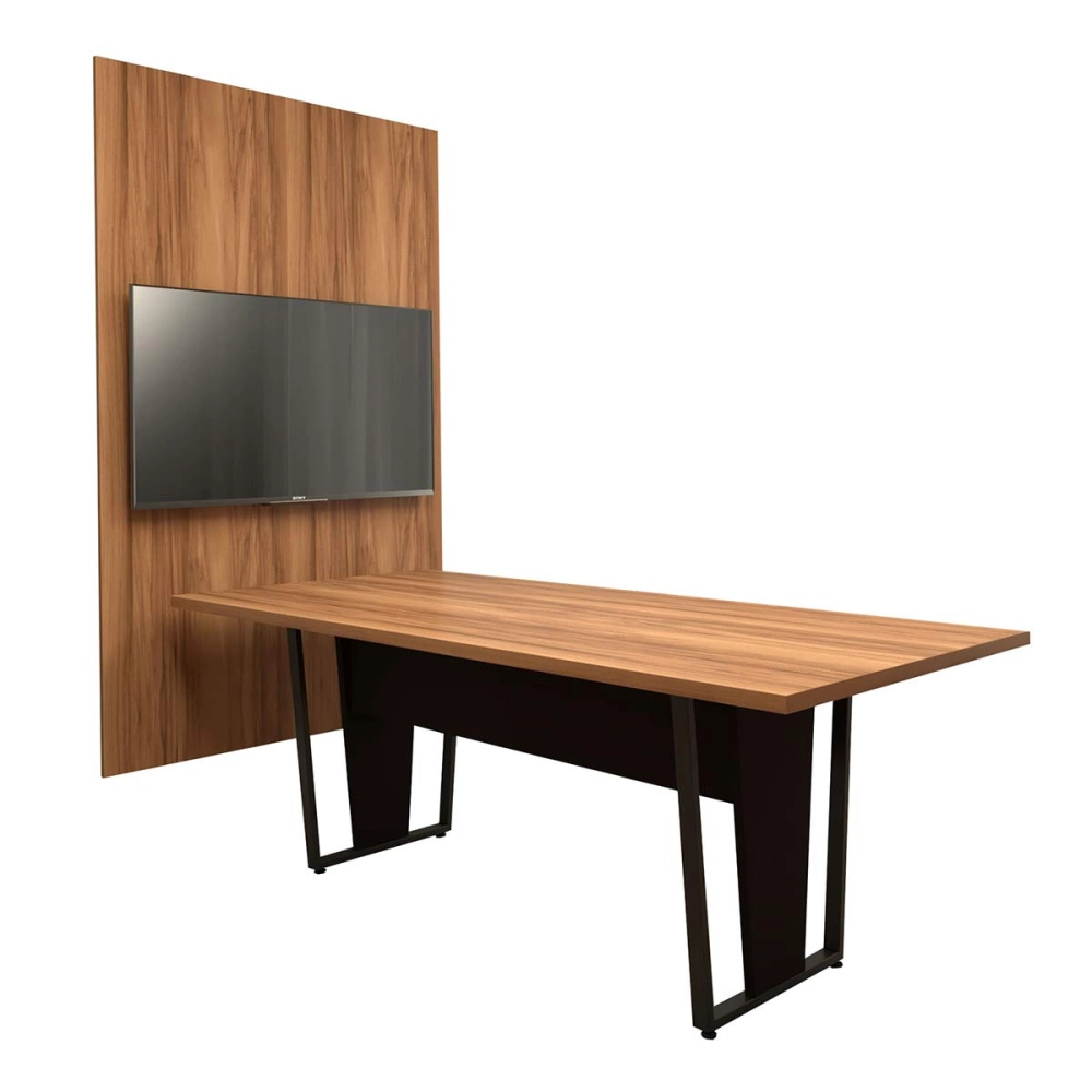 Conjunto Escritório Mesa 2,00m Pé Metal Painel p/ TV NG F5 Cor:Nogal com Preto