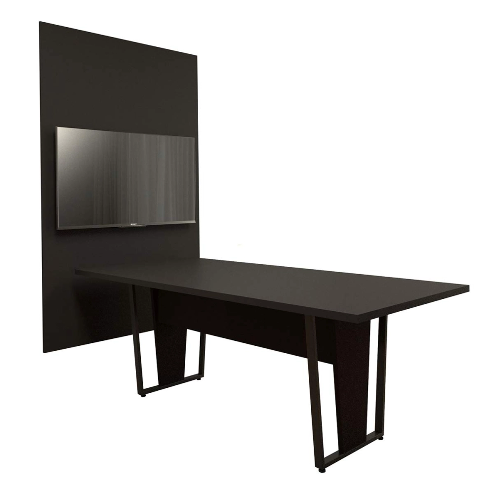 Conjunto Escritório Mesa 2,00m Pé Metal Painel p/ TV PRE F5 Cor:Preto