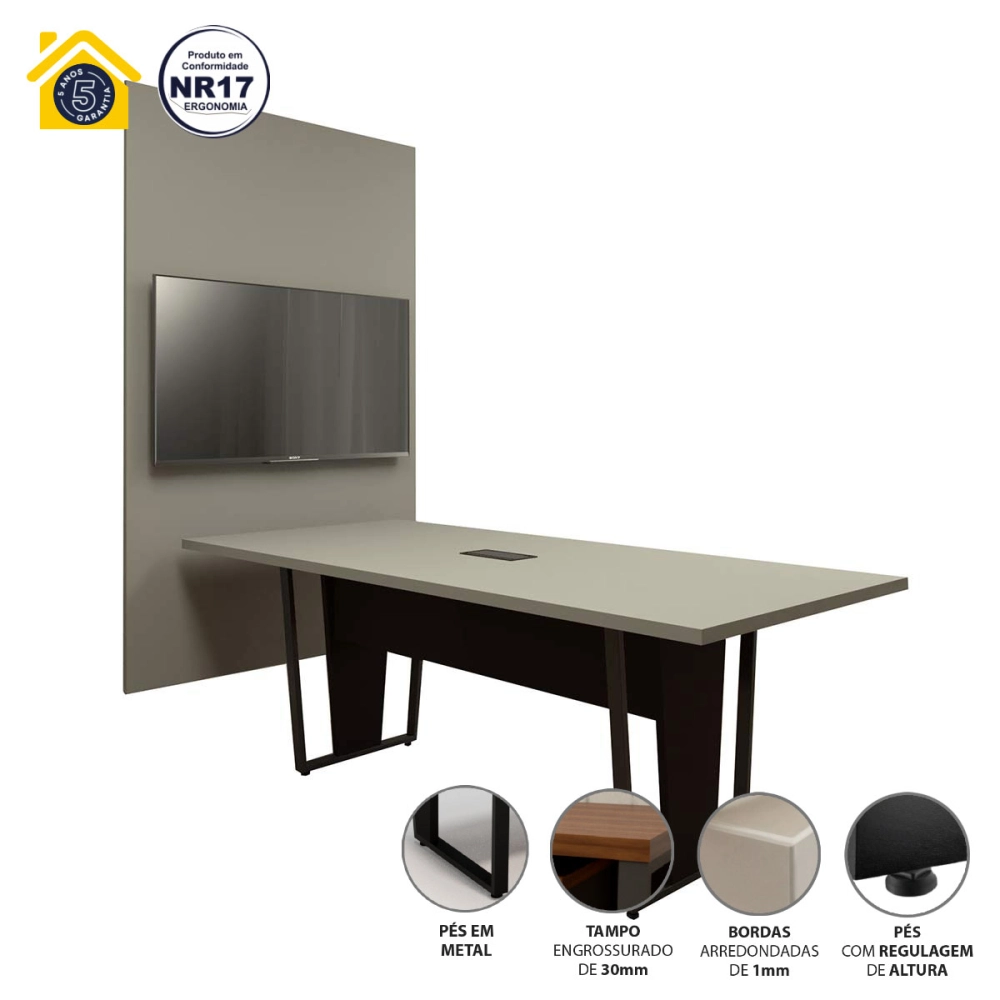 Conjunto Escritório Mesa 2m Caixa Tomada e Painel TV CSP F5 Cor:Cinza Sagrado com Preto