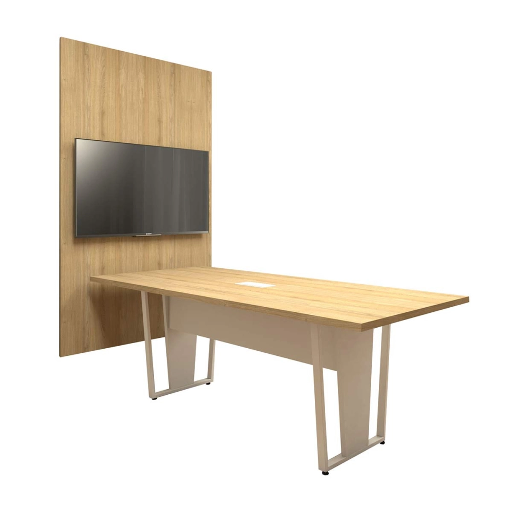 Conjunto Escritório Mesa 2m Caixa Tomada e Painel TV MB F5 Cor:Macadâmia com Branco