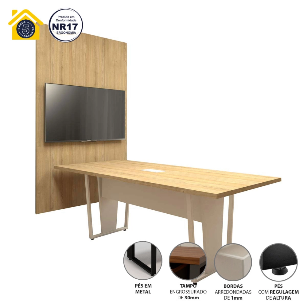 Conjunto Escritório Mesa 2m Caixa Tomada e Painel TV MB F5 Cor:Macadâmia com Branco