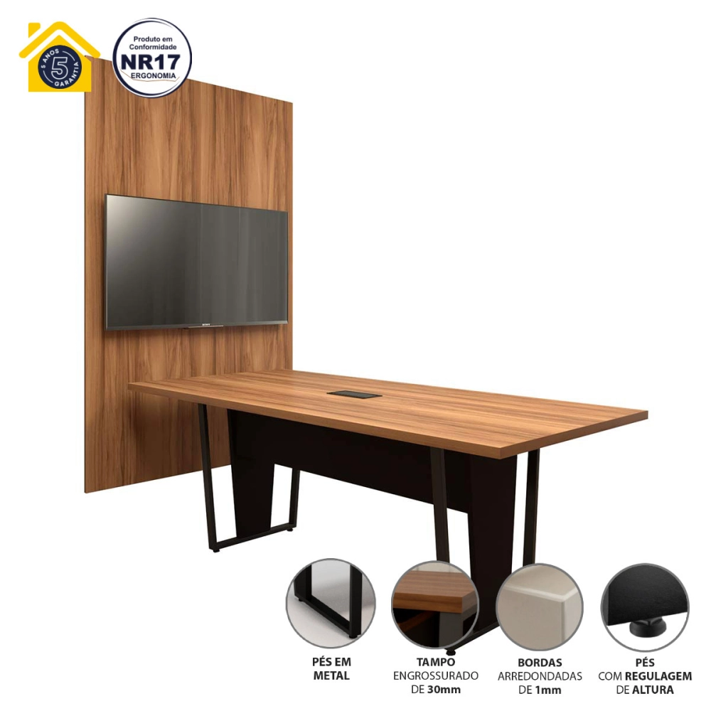 Conjunto Escritório Mesa 2m Caixa Tomada e Painel TV NG F5 Cor:Nogal com Preto