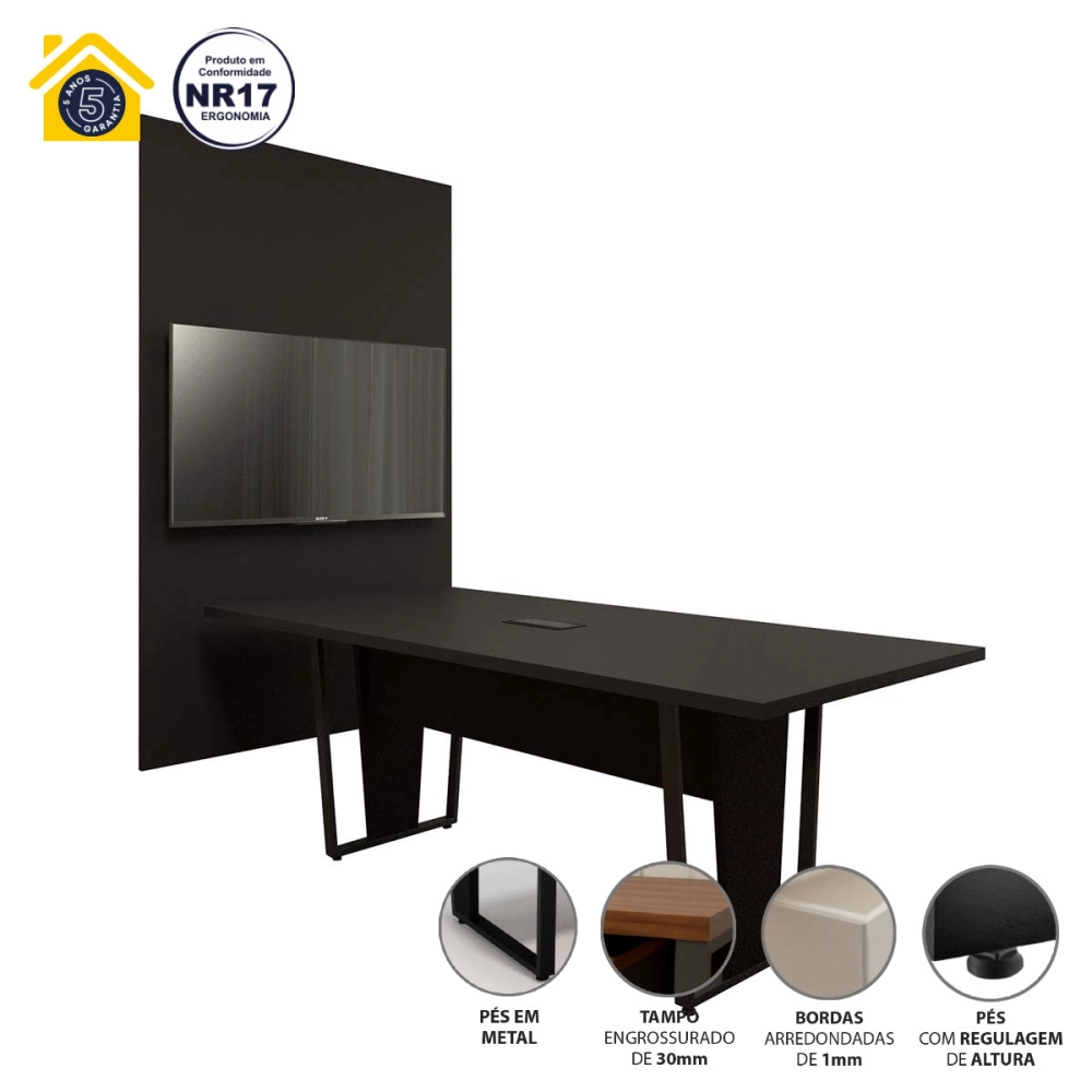 Conjunto Escritório Mesa 2m Caixa Tomada e Painel TV PRE F5 Cor:Preto