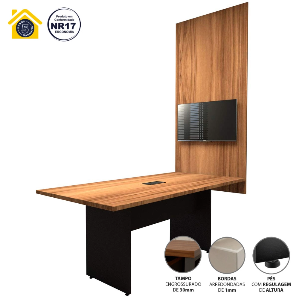 Conjunto Escritório Mesa de Reunião 1,80m  Painel TV NG F5 Cor:Nogal com Preto
