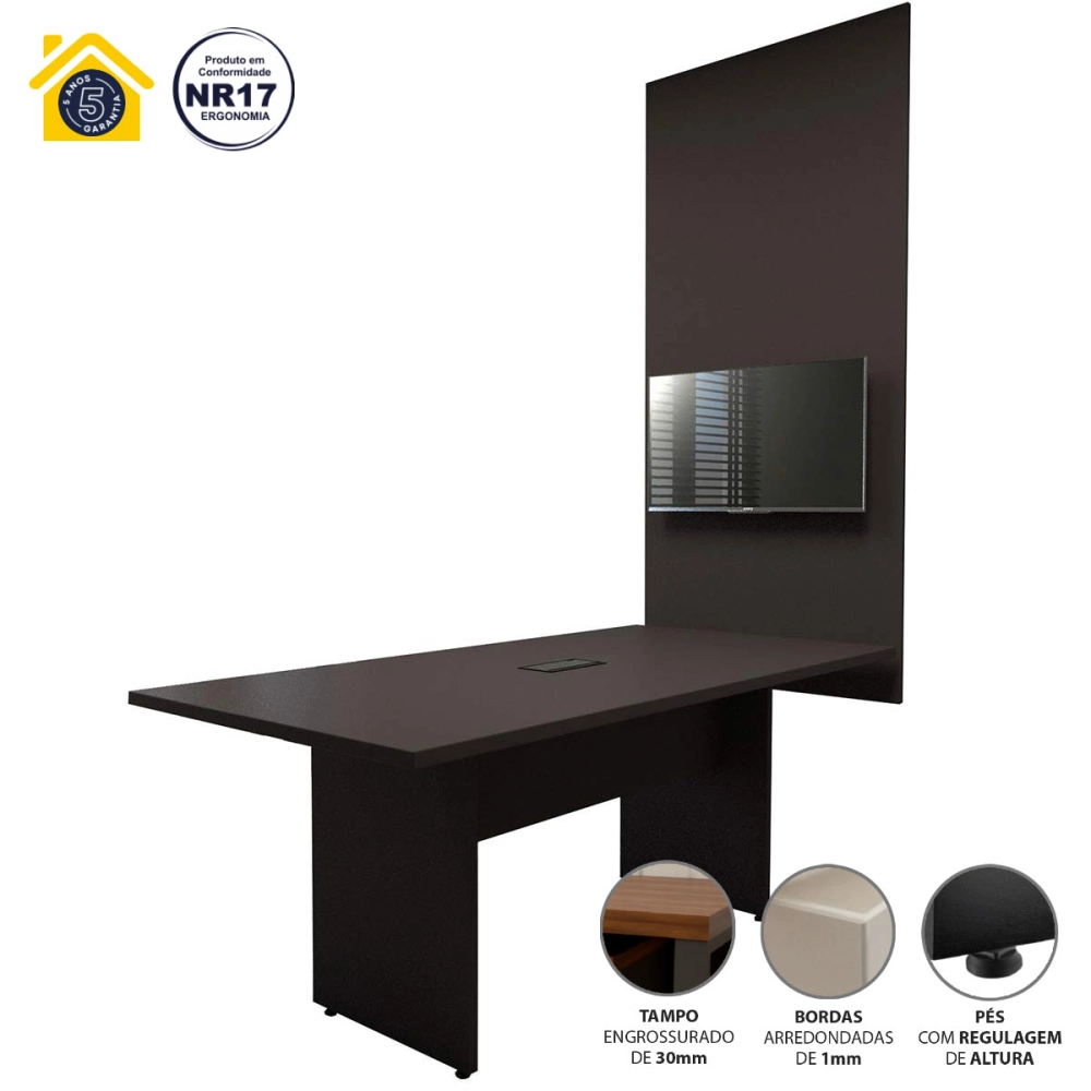 Conjunto Escritório Mesa de Reunião 1,80m Painel TV PRE F5 Cor:Preto