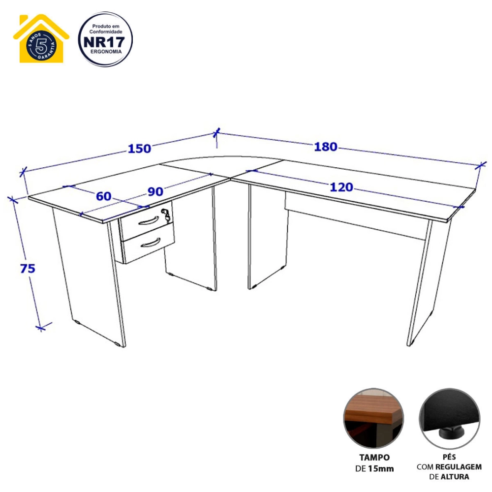 Conjunto Escrivaninha L c/ Gaveteiro Suspenso Pé Painel F5 Cor:Branco