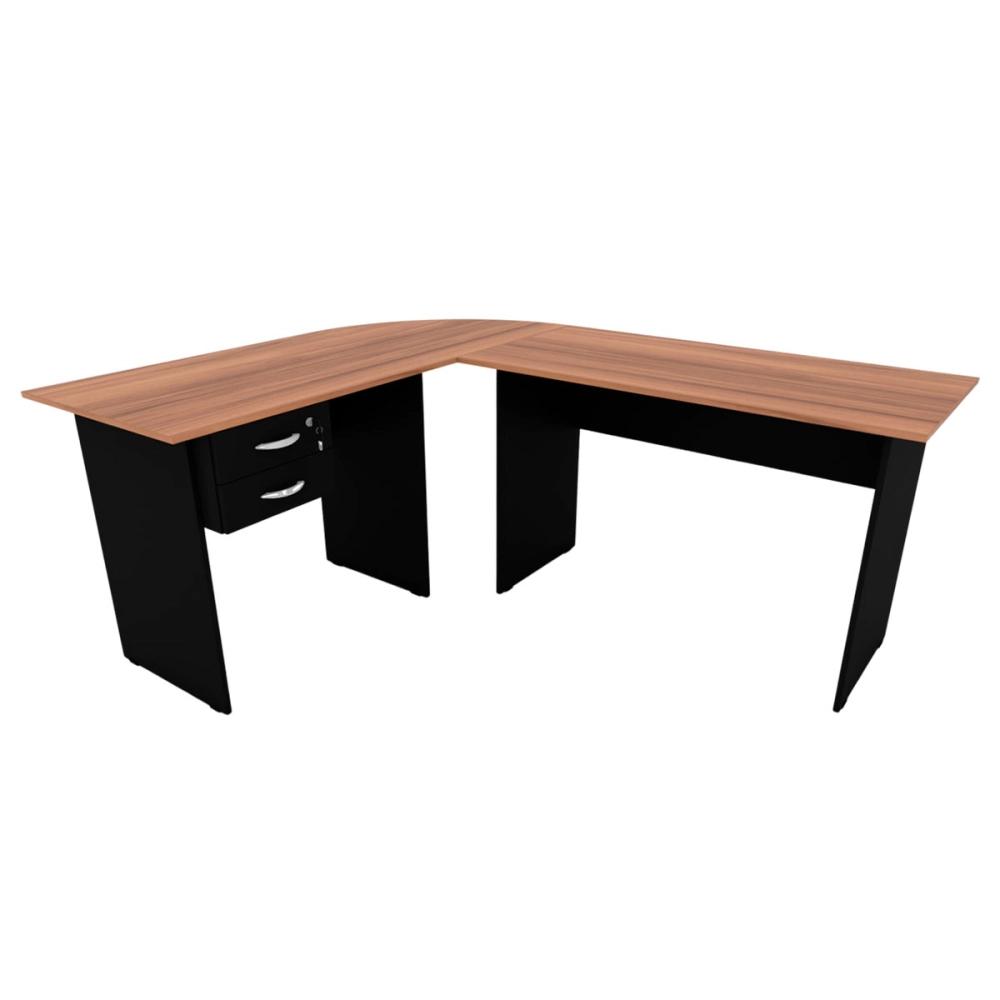 Conjunto Escrivaninha L c/ Gaveteiro Suspenso Pé Painel F5 Cor:Nogal com Preto
