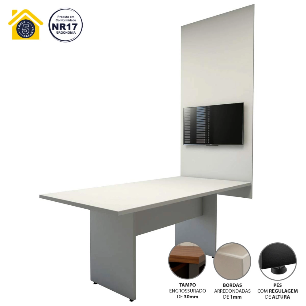 Conjunto Sala de Reunião Mesa 1,80m Cinza Painel para TV F5 Cor:Cinza
