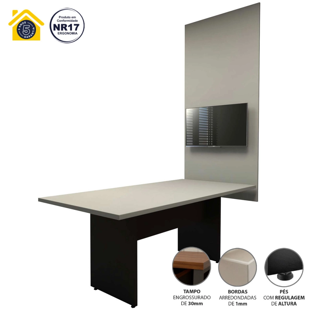 Conjunto Sala de Reunião Mesa 1,80m CS Pre Painel para TV F5 Cor:Cinza Sagrado Com Preto