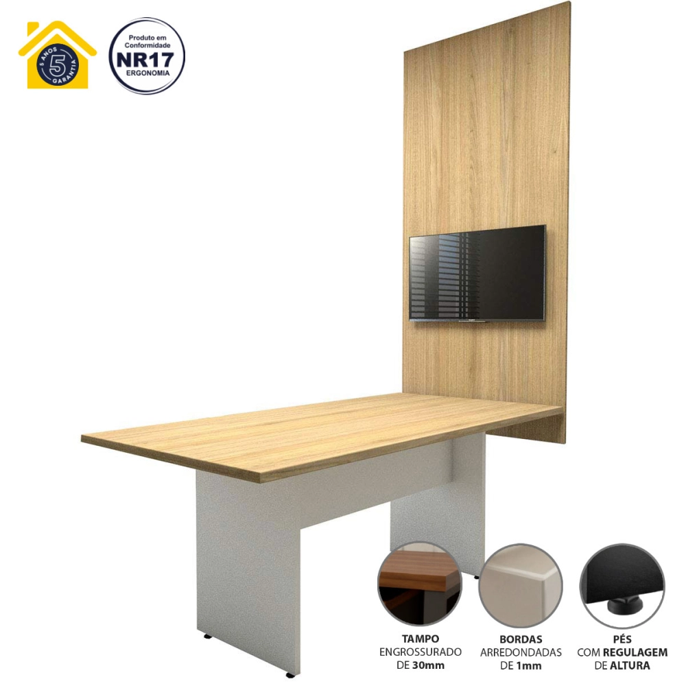 Conjunto Sala de Reunião Mesa 1,80m Mac Branco Painel TV F5 Cor:Macadâmia Com Branco