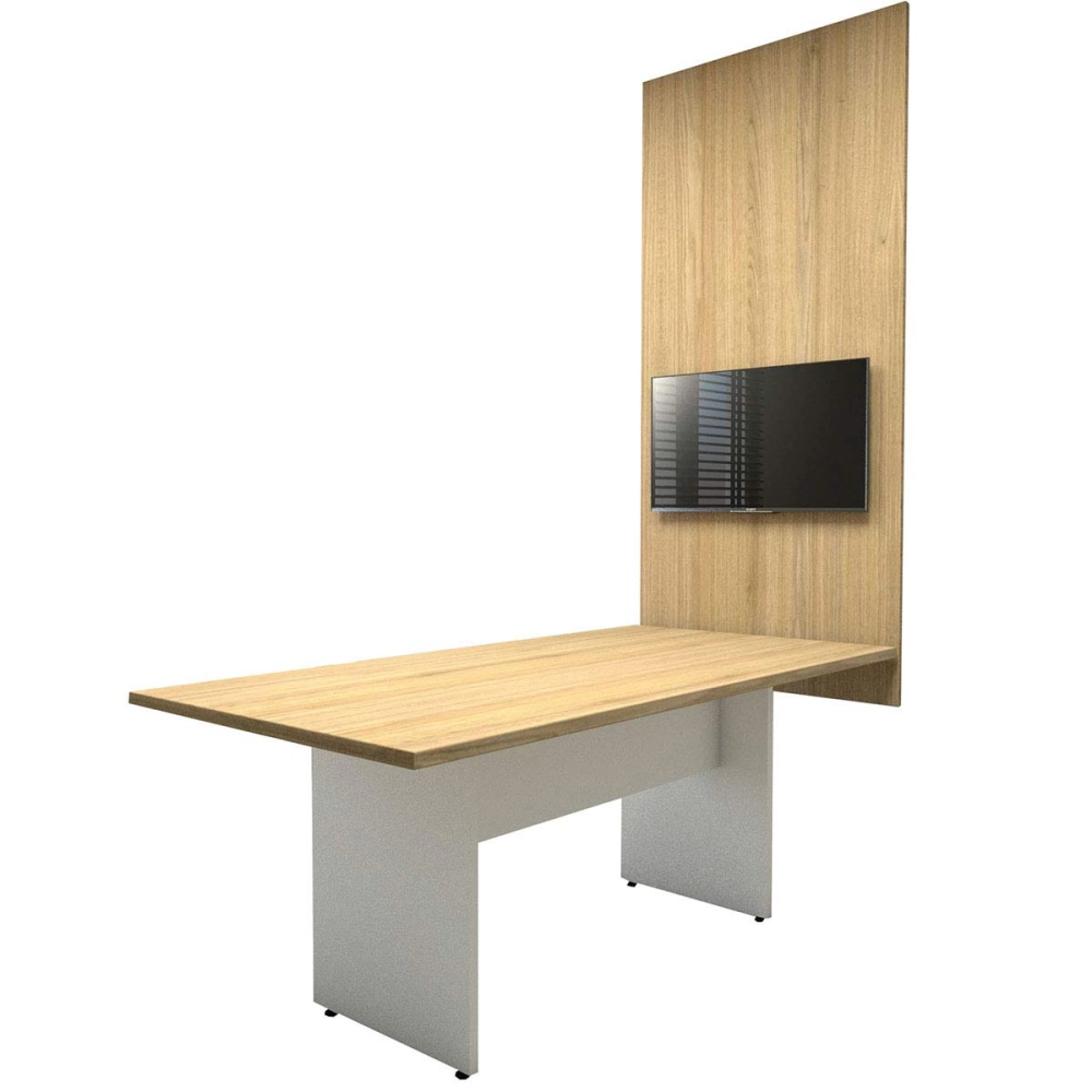 Conjunto Sala de Reunião Mesa 1,80m Mac Branco Painel TV F5 Cor:Macadâmia Com Branco