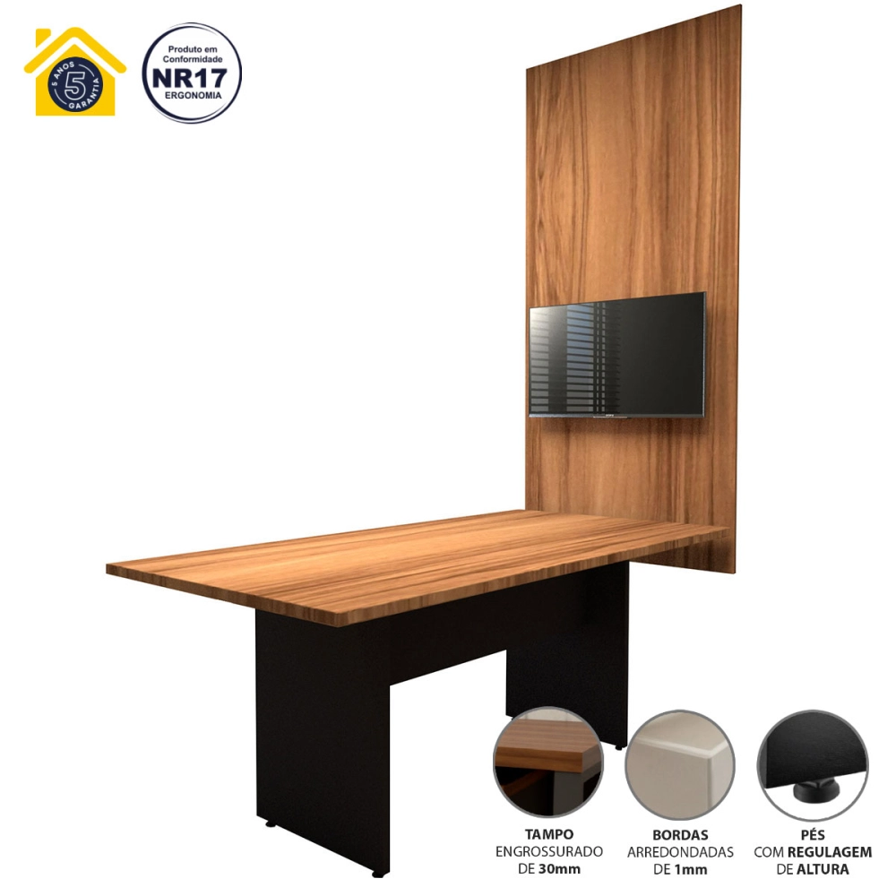 Conjunto Sala de Reunião Mesa 1,80m Painel para TV Nogal F5 Cor:Nogal com Preto