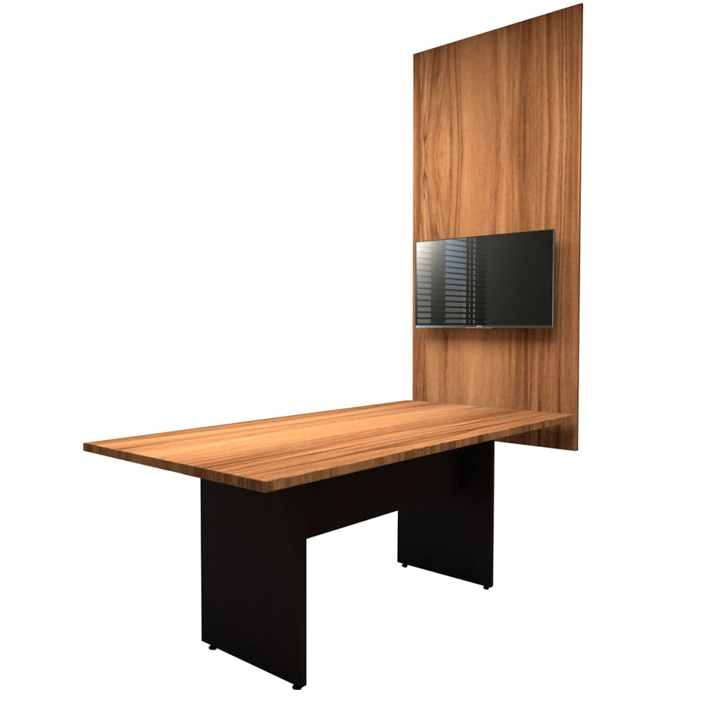Conjunto Sala de Reunião Mesa 1,80m Painel para TV Nogal F5 Cor:Nogal com Preto
