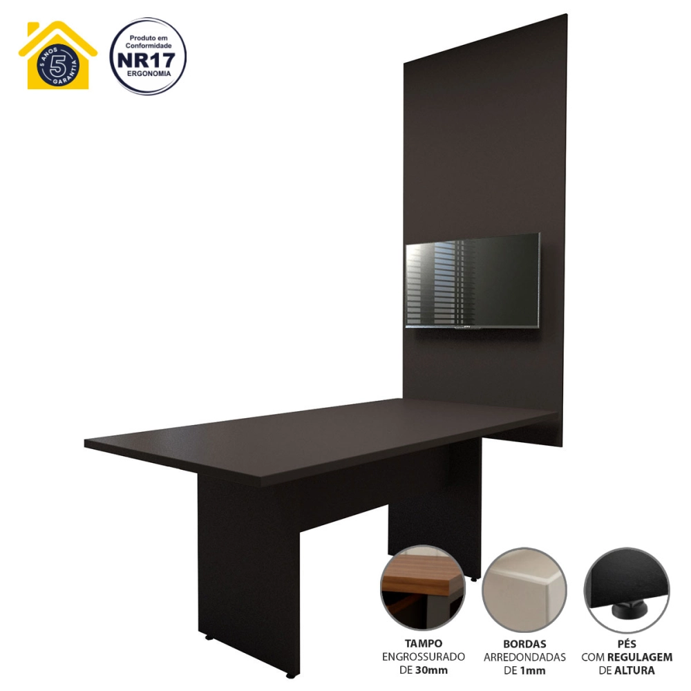 Conjunto Sala de Reunião Mesa 1,80m Preta Painel para TV F5 Cor:Preto