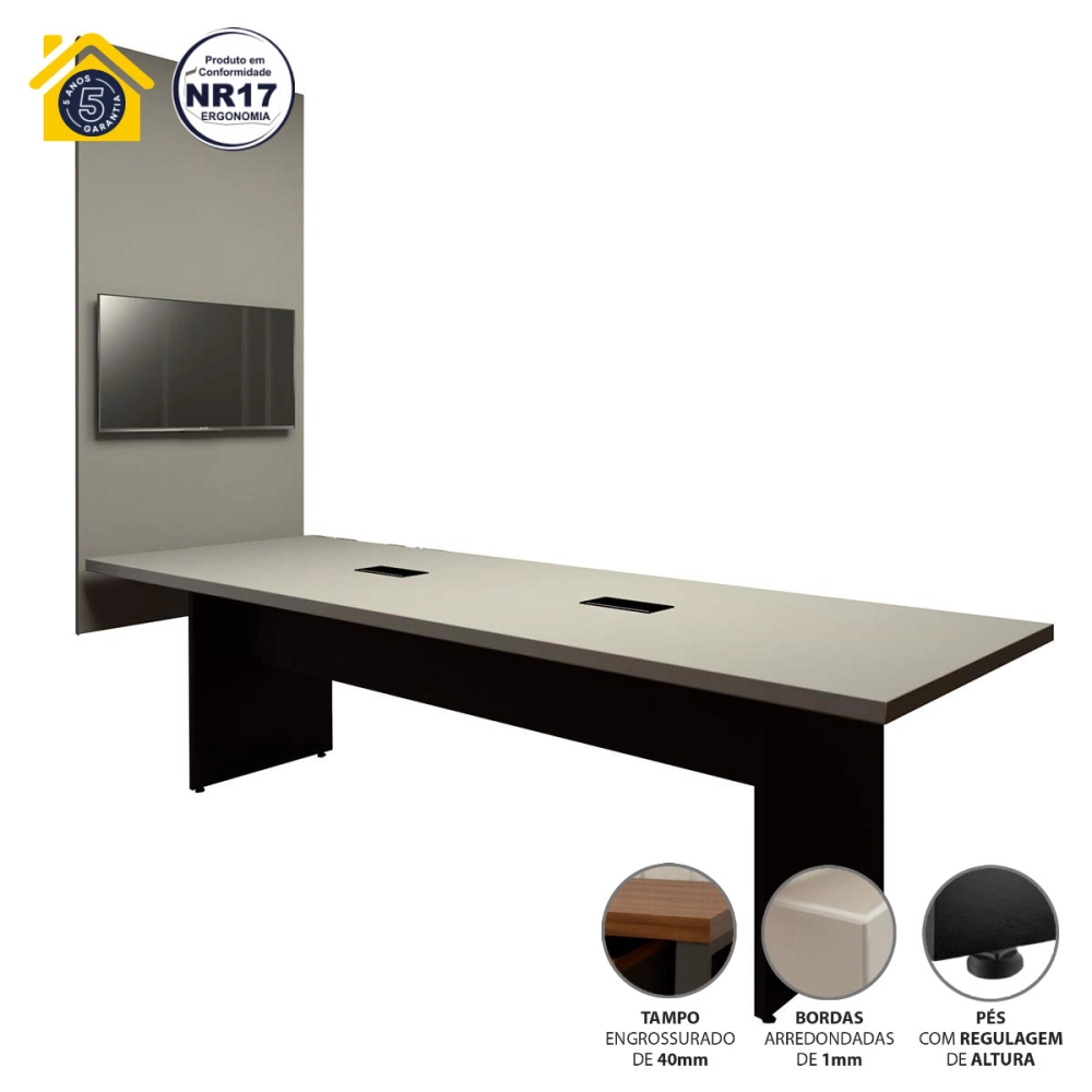 Conjunto Sala de Reunião Mesa 2,70m e Painel para TV CSP F5 Cor:Cinza Sagrado com Preto
