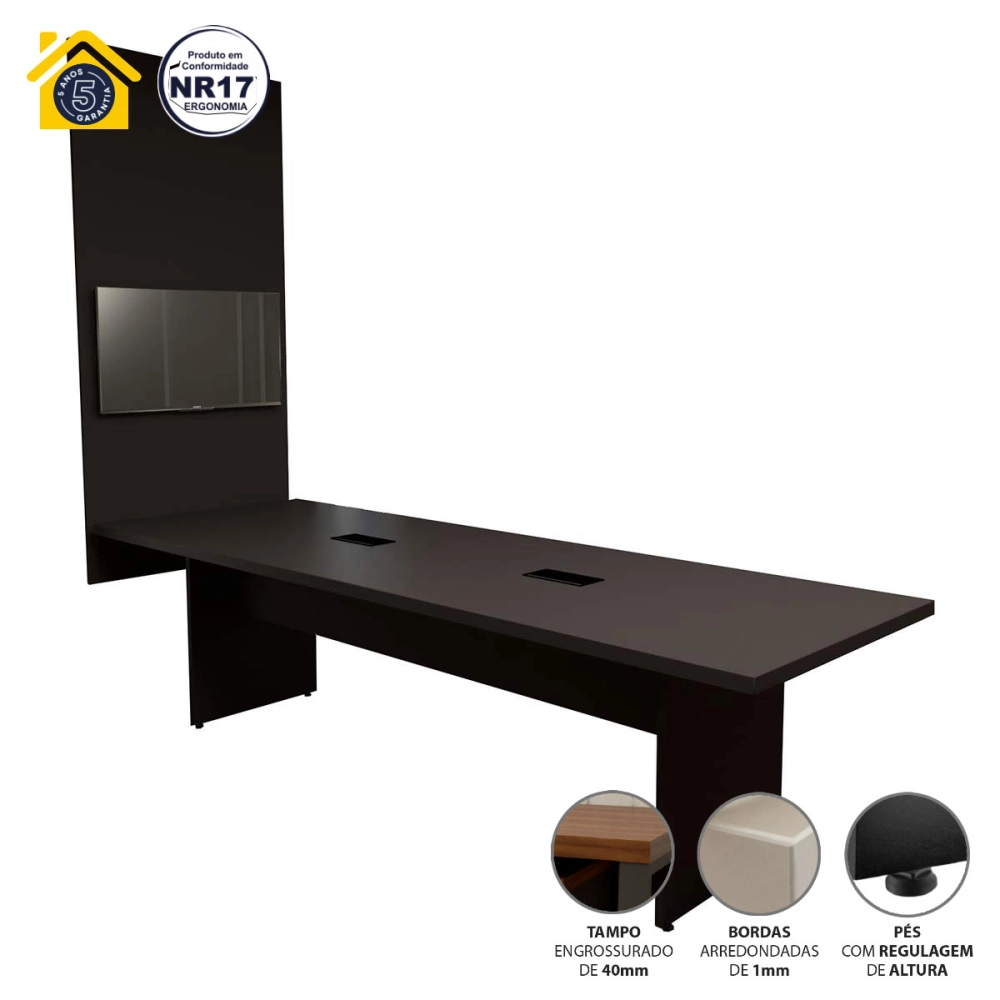 Conjunto Sala de Reunião Mesa 2,70m e Painel para TV Pre F5 Cor:Preto