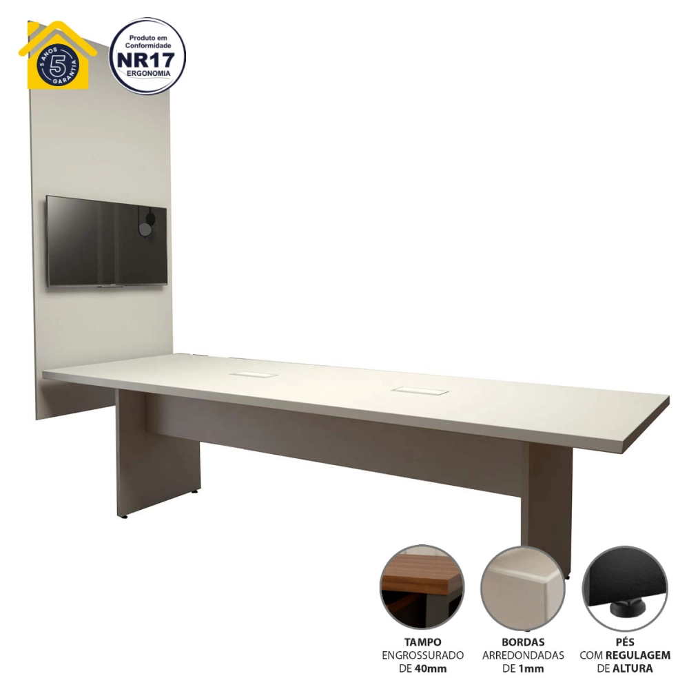 Conjunto Sala de Reunião Mesa 2,70m Painel para TV Cinza F5 Cor:Cinza