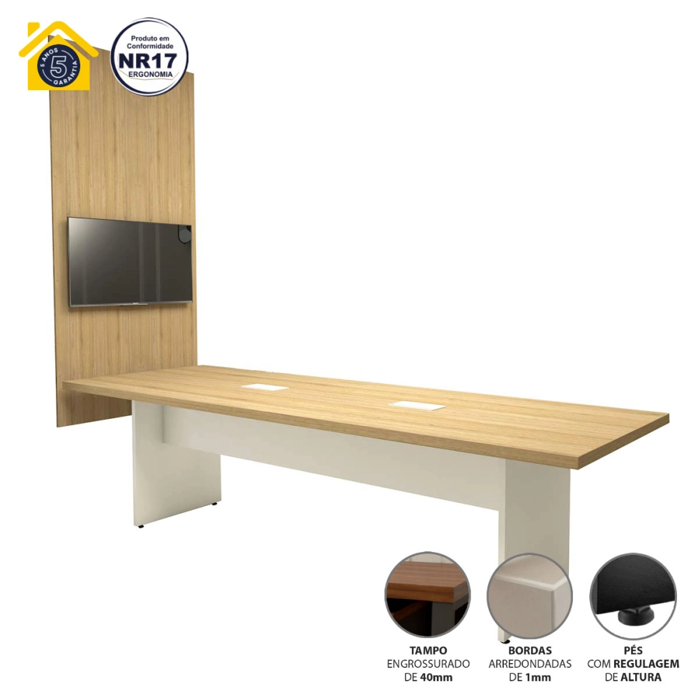 Conjunto Sala de Reunião Mesa 2,70m Painel para TV Mac Br F5 Cor:Macadâmia com Branco
