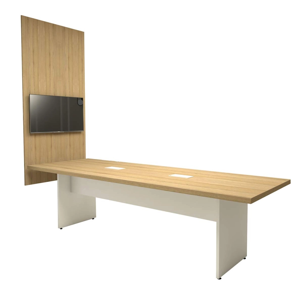 Conjunto Sala de Reunião Mesa 2,70m Painel para TV Mac Br F5 Cor:Macadâmia com Branco
