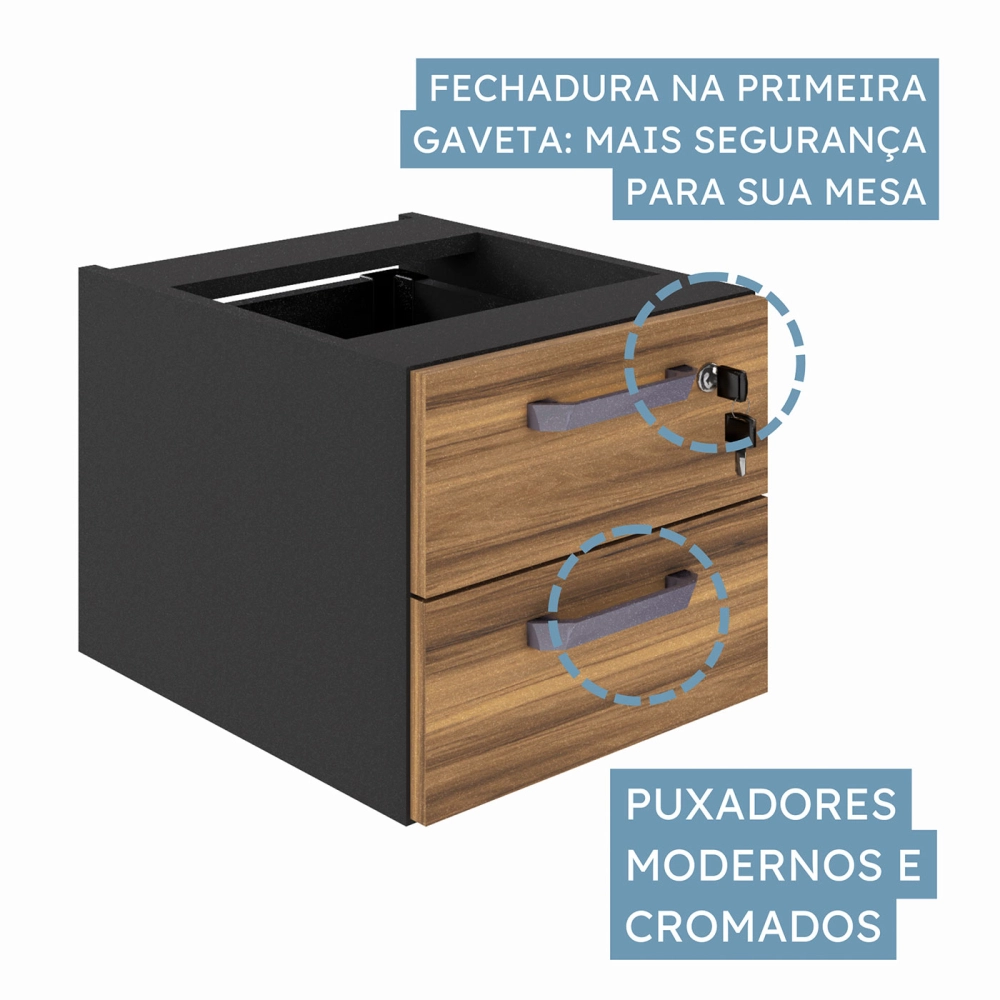 Escrivaninha 1,20m Pé Metal c/ Gaveteiro Suspenso NG Pr F5 Cor:Nogal com Preto