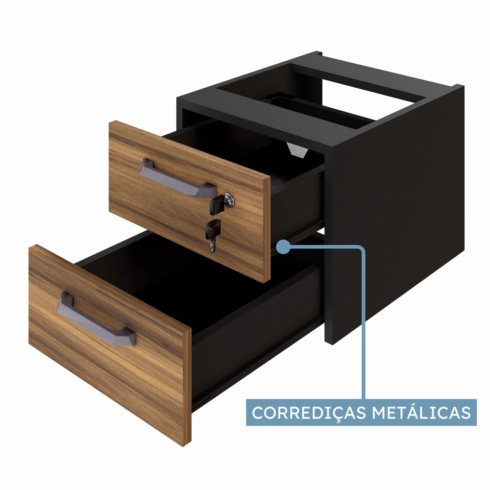 Escrivaninha 1,20m Pé Metal c/ Gaveteiro Suspenso NG Pr F5 Cor:Nogal com Preto