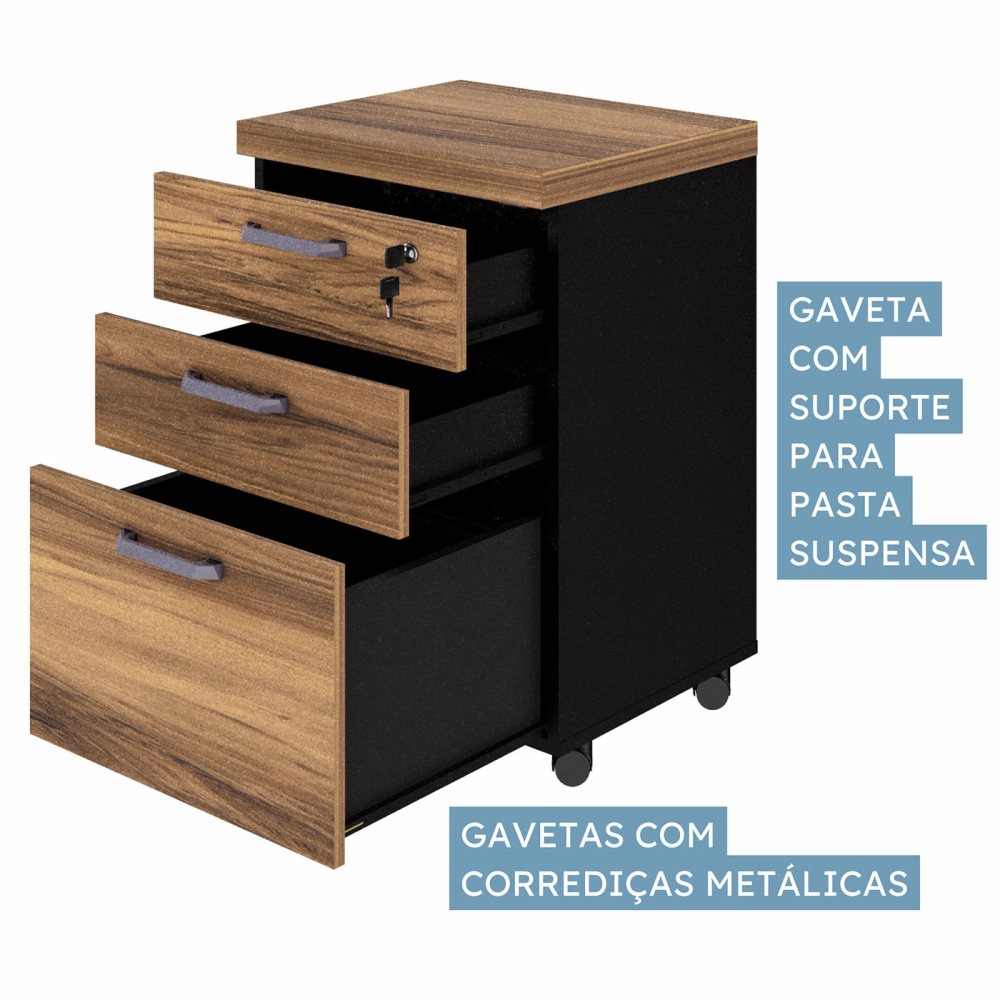 Escrivaninha 1,70m  Pé Painel c/ Gaveteiro Nogal Pr F5 Cor:Nogal com Preto