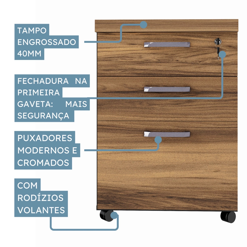 Escrivaninha 1,70m  Pé Painel c/ Gaveteiro Nogal Pr F5 Cor:Nogal com Preto