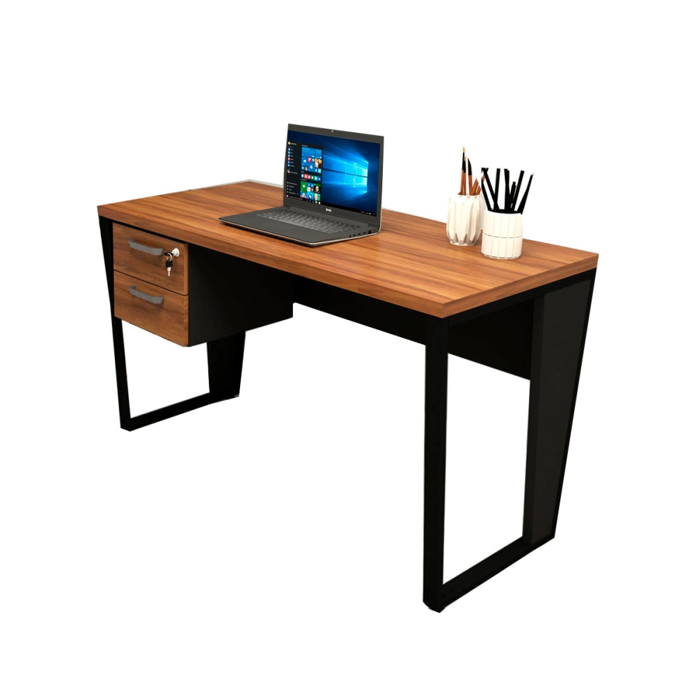 Escrivaninha 135cm com 2 Gavetas Pés em Metal F5 Office Cor:Nogal com Preto
