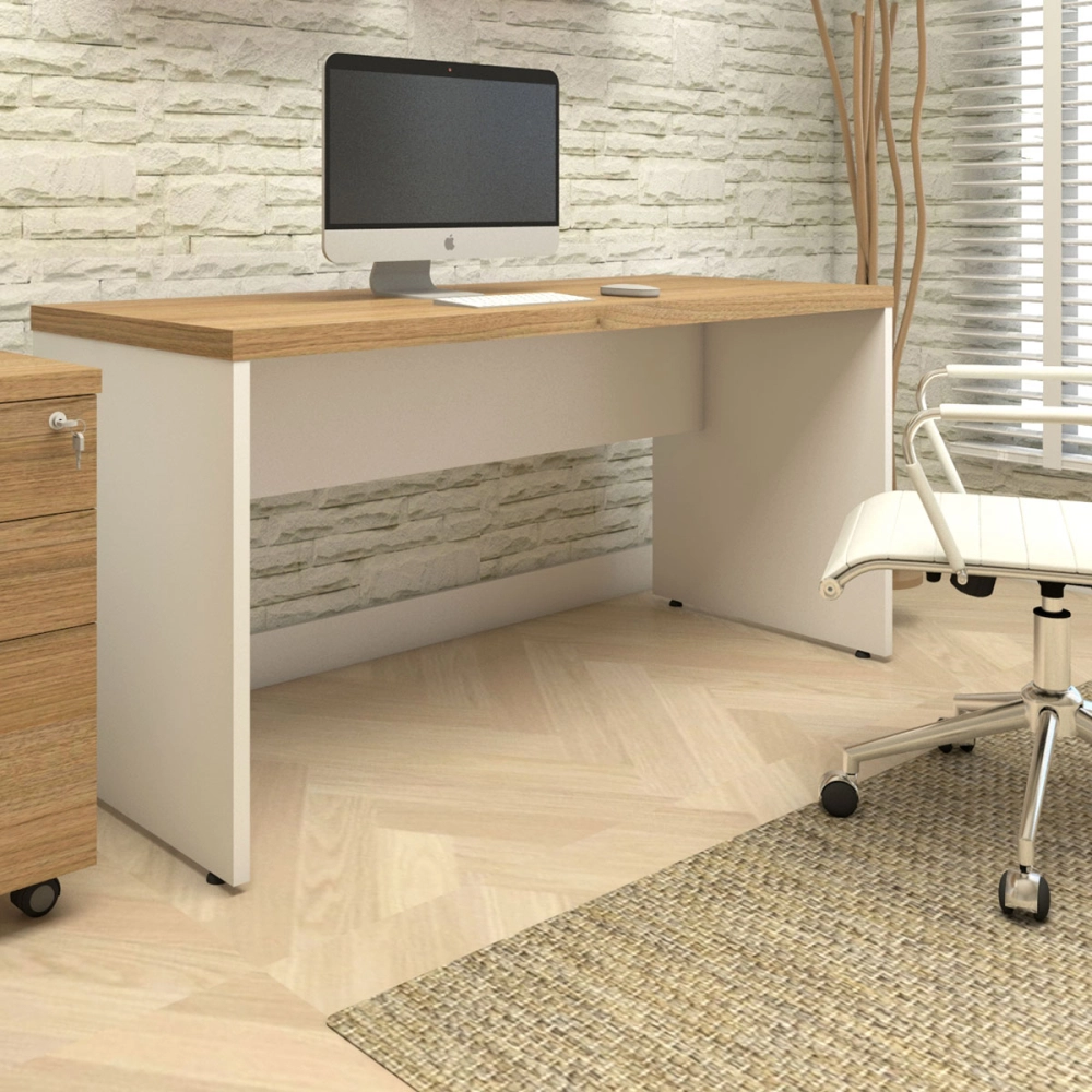 Escrivaninha Home Office 150cm Alto Padrão Tampo 40mm Cor:Macadâmia com Branco