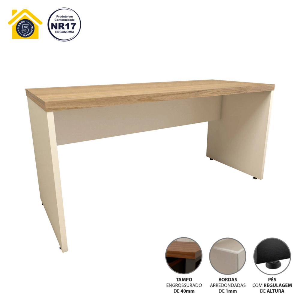 Escrivaninha Home Office 150cm Alto Padrão Tampo 40mm Cor:Macadâmia com Branco