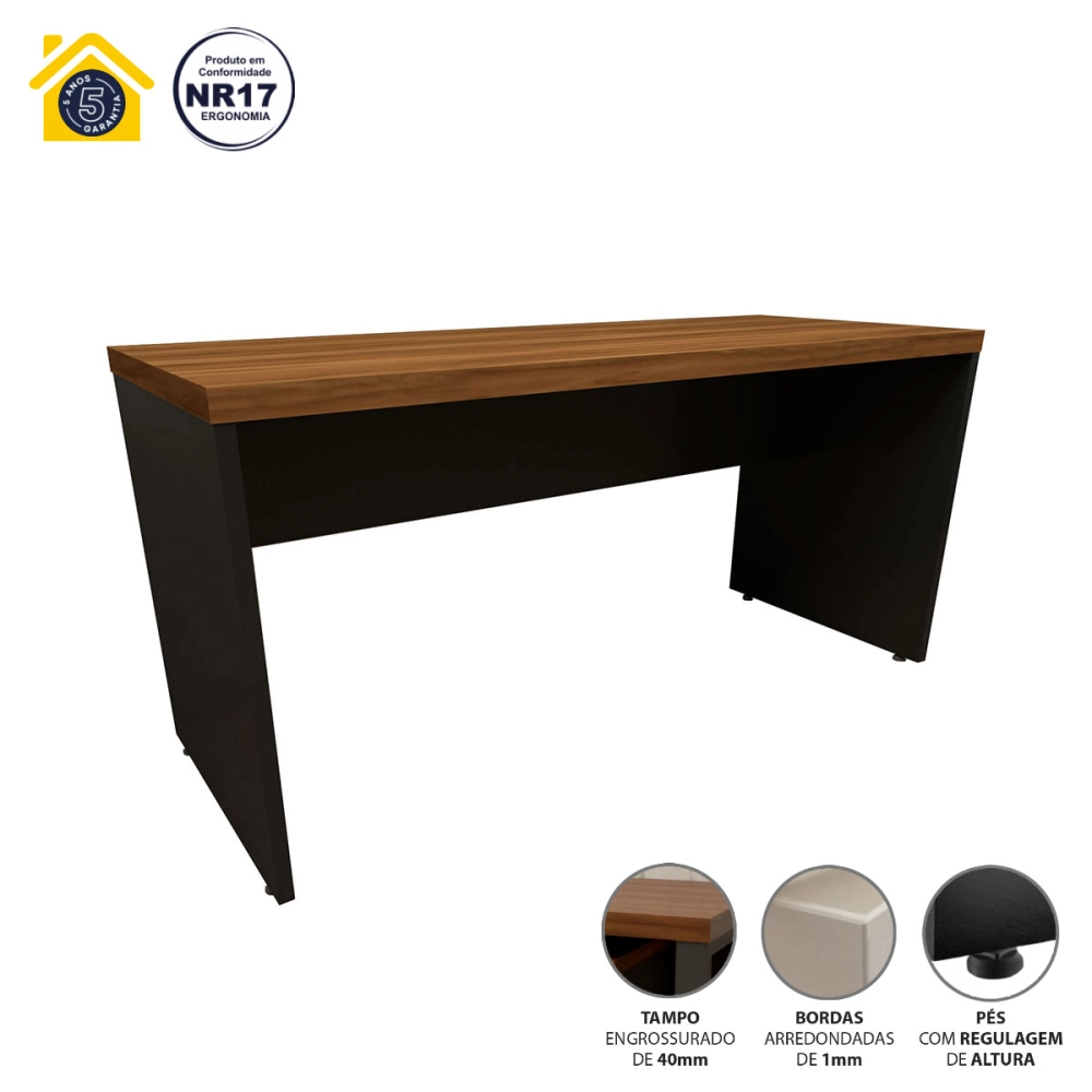 Escrivaninha Home Office 150cm Alto Padrão Tampo 40mm Cor:Nogal com Preto