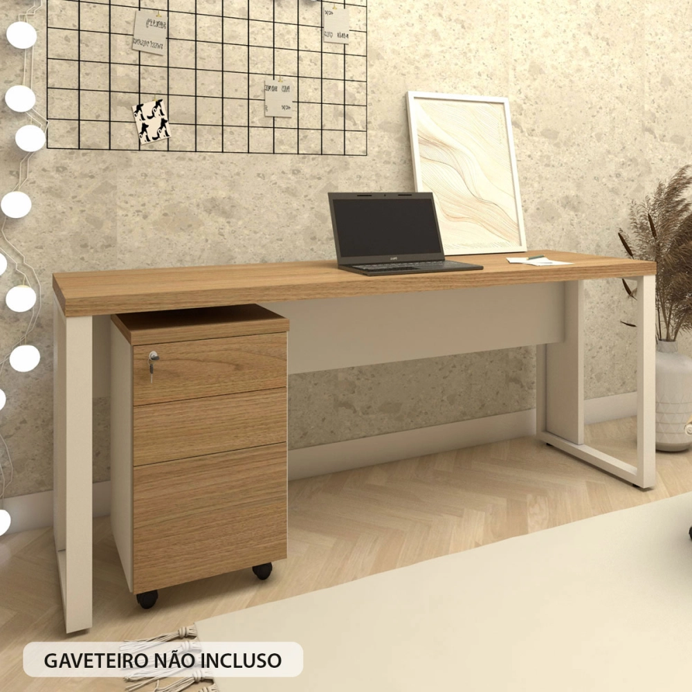 Escrivaninha Industrial 170cm x 60cm Pés Metal F5 Office Cor:Macadâmia com Branco