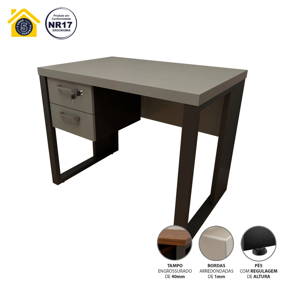 Escrivaninha Industrial com 2 Gavetas e Pés em Metal 90cm Cor:Cinza Sagrado com Preto