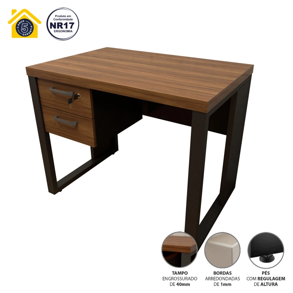 Escrivaninha Industrial com 2 Gavetas e Pés em Metal 90cm Cor:Nogal com Preto