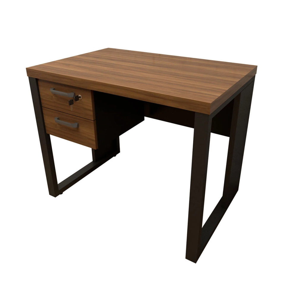 Escrivaninha Industrial com 2 Gavetas e Pés em Metal 90cm Cor:Nogal com Preto