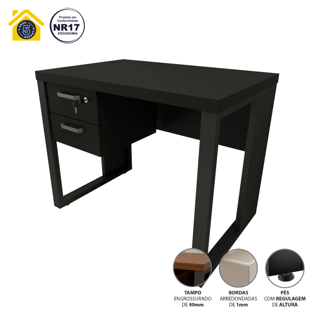 Escrivaninha Industrial com 2 Gavetas e Pés em Metal 90cm Cor:Preto