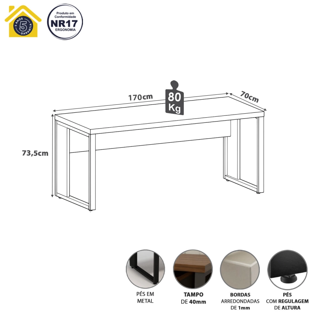 Escrivaninha Industrial Pés Metal 170 cm x 70 cm F5 Office Cor:Macadâmia com Branco