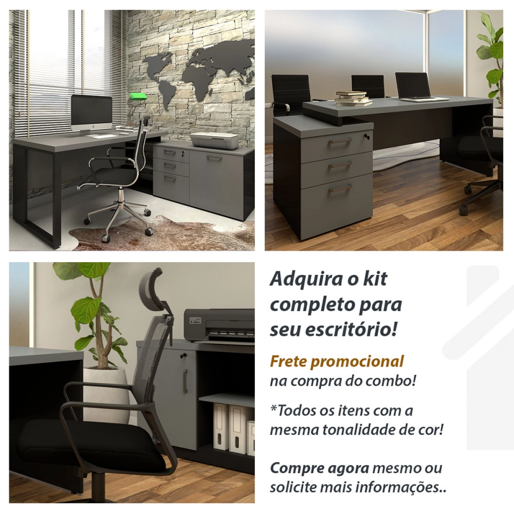 Espaço de Trabalho Escritório p/ 4 pessoas 2,40m CS Pre F5 Cor:Cinza Sagrado com Preto
