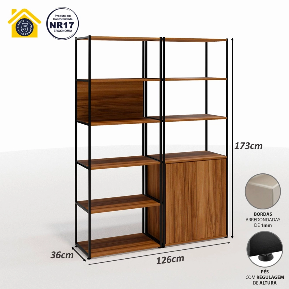 Estante Industrial 2 Torres Portas Prateleiras Metal Madeira Cor:Nogal com Preto