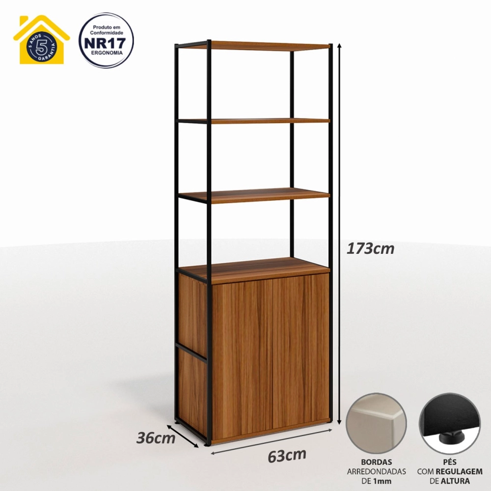 Estante Industrial 3 Torres Portas Prateleiras Metal Madeira Cor:Nogal com Preto