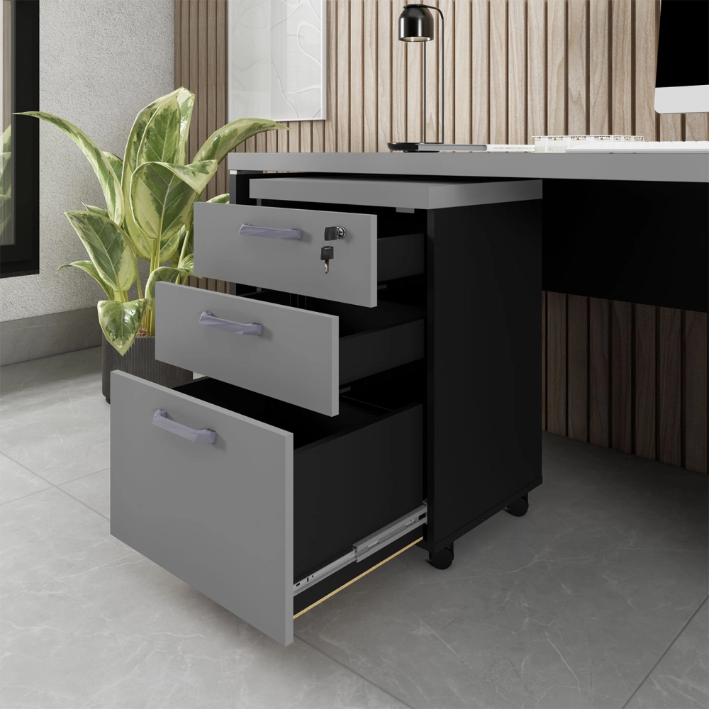 Gaveteiro Organizador 2 Gavetas e Espaço p/ Pastas F5 Office Cor:Cinza Sagrado com Preto
