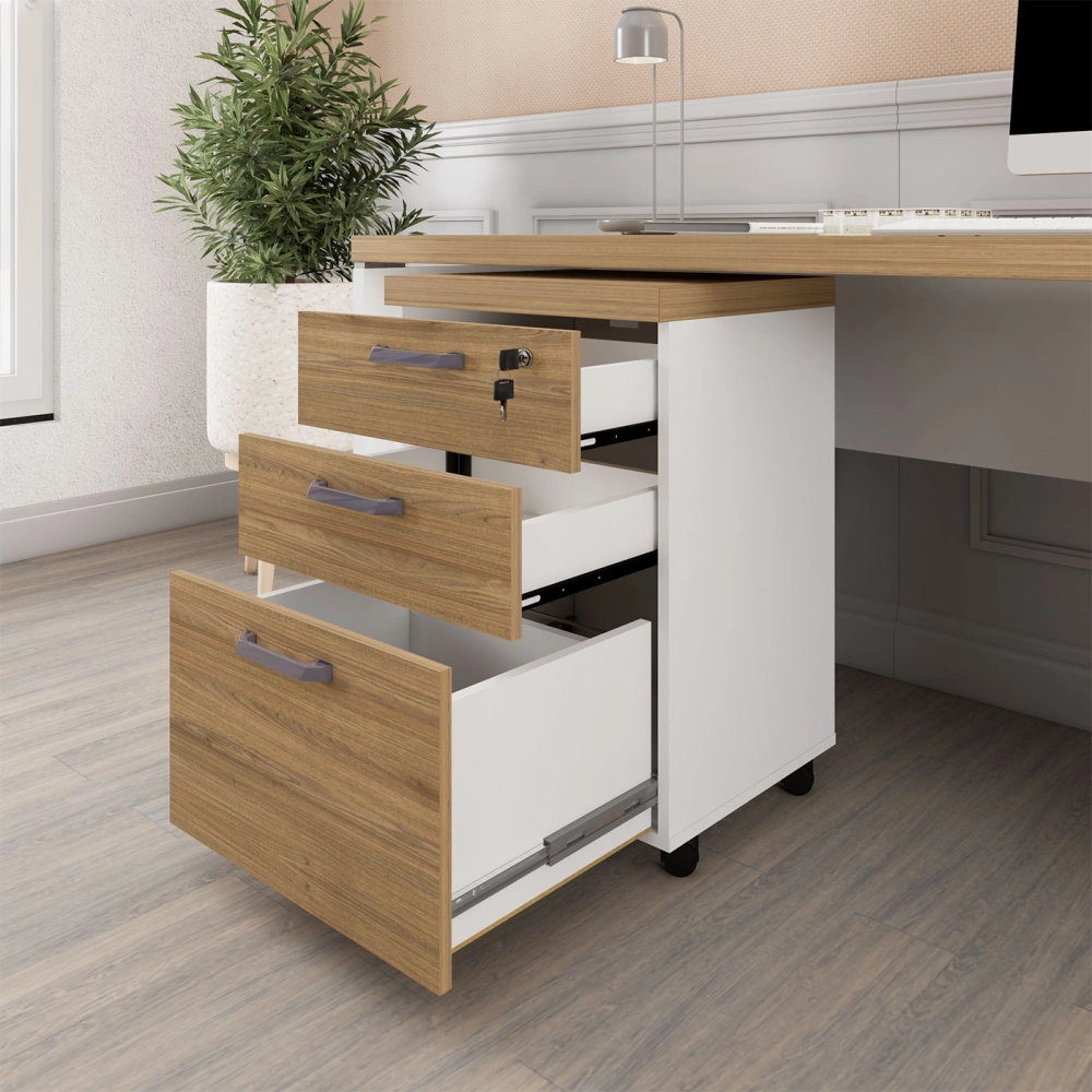 Gaveteiro Organizador 2 Gavetas e Espaço p/ Pastas F5 Office Cor:Macadâmia com Branco