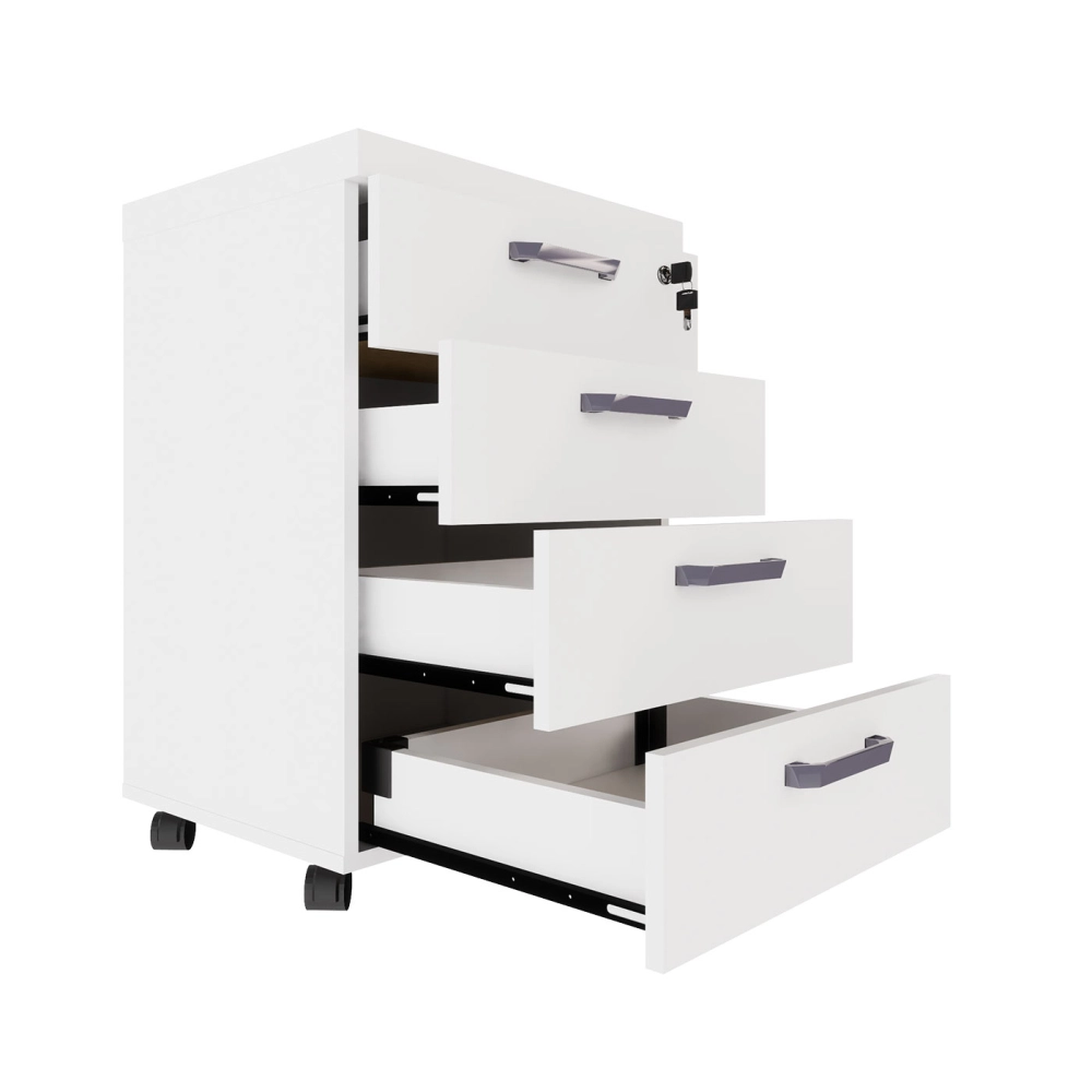 Gaveteiro Organizador Escritório 4 Gavetas e Chave F5 Office Cor:Branco