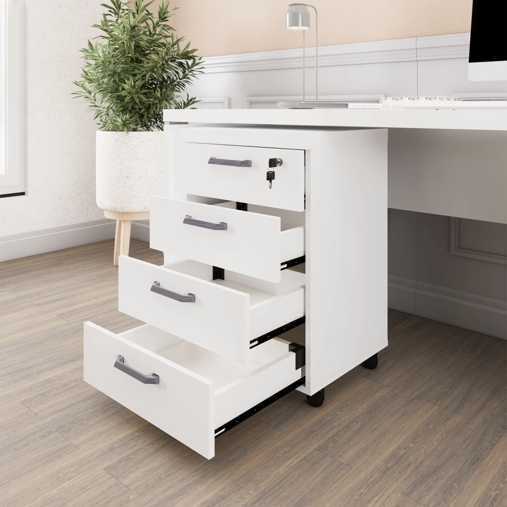 Gaveteiro Organizador Escritório 4 Gavetas e Chave F5 Office Cor:Branco