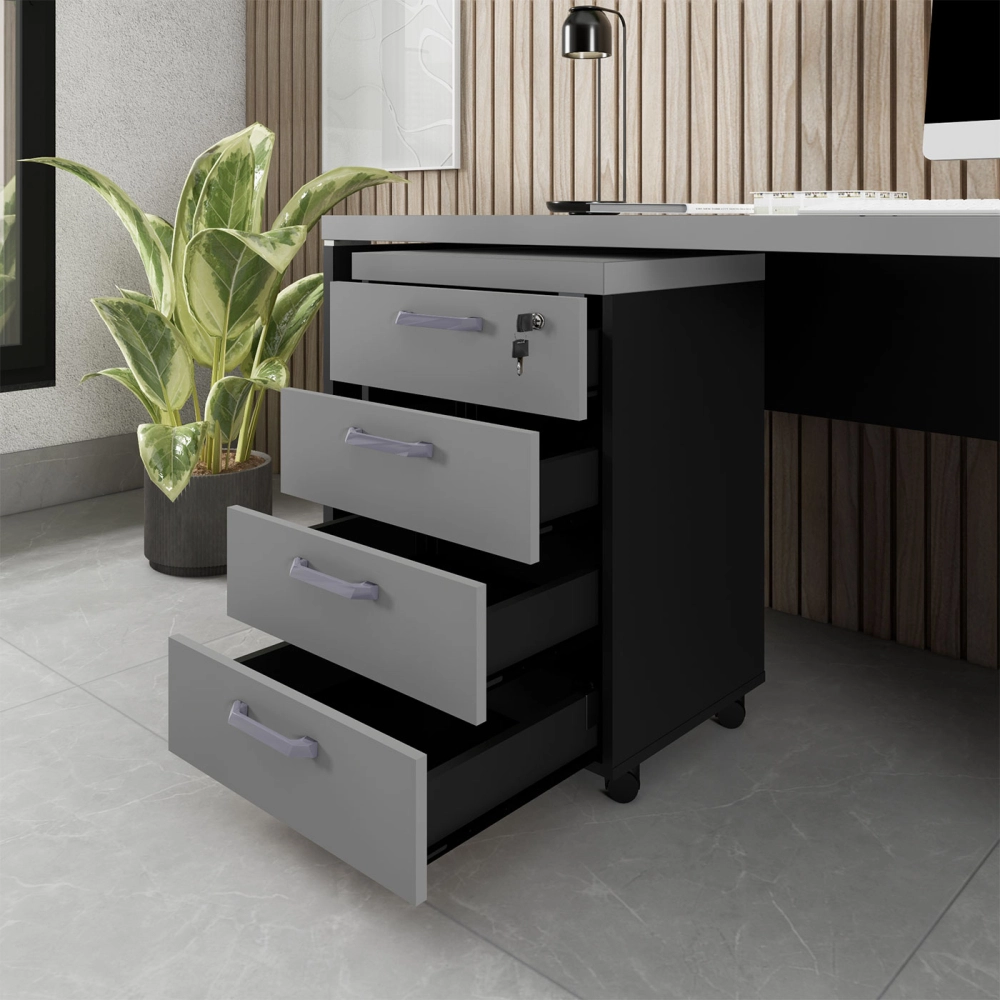 Gaveteiro Organizador Escritório 4 Gavetas e Chave F5 Office Cor:Cinza Sagrado com Preto