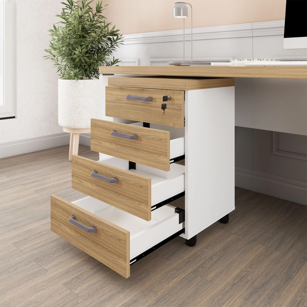 Gaveteiro Organizador Escritório 4 Gavetas e Chave F5 Office Cor:Macadâmia com Branco