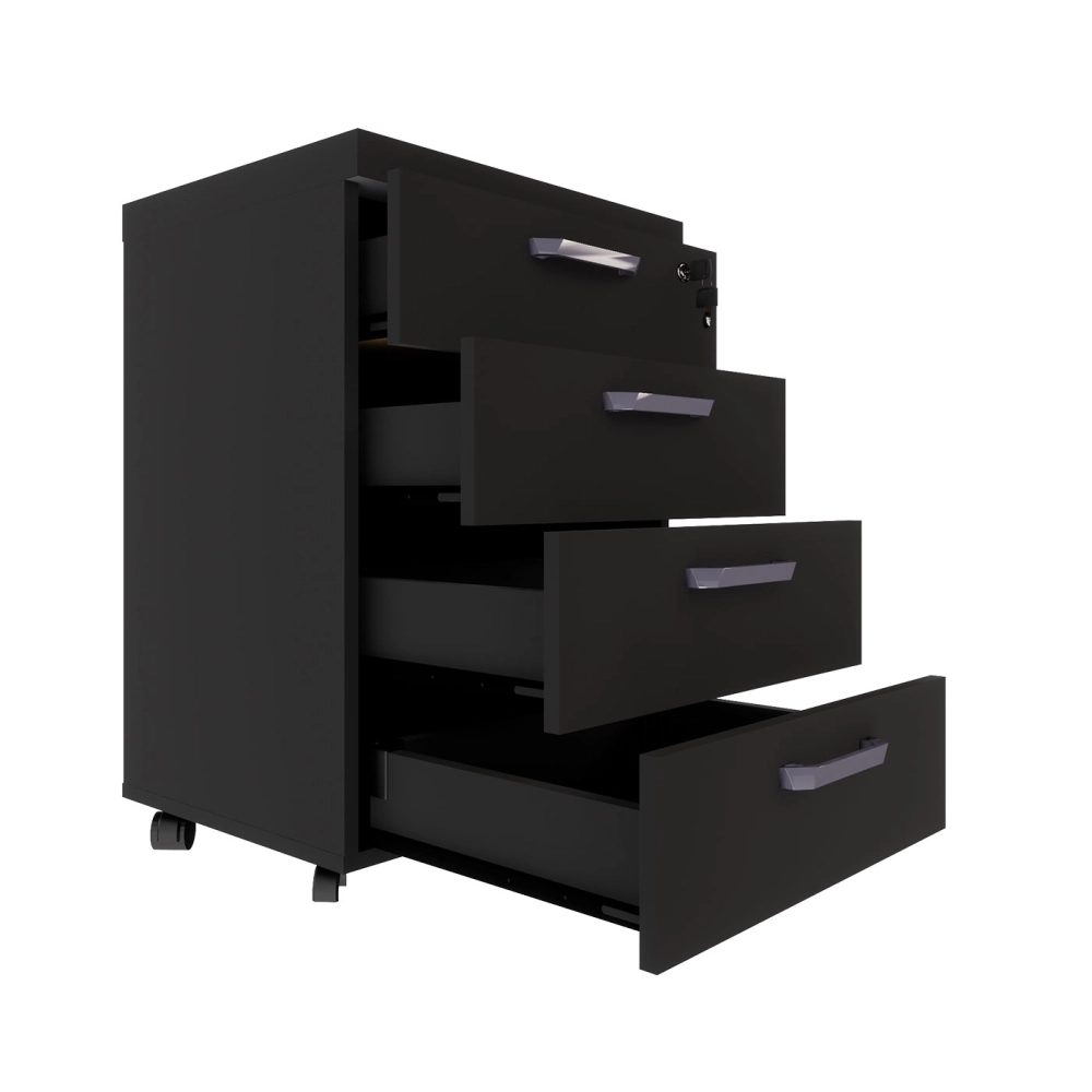 Gaveteiro Organizador Escritório 4 Gavetas e Chave F5 Office Cor:Preto
